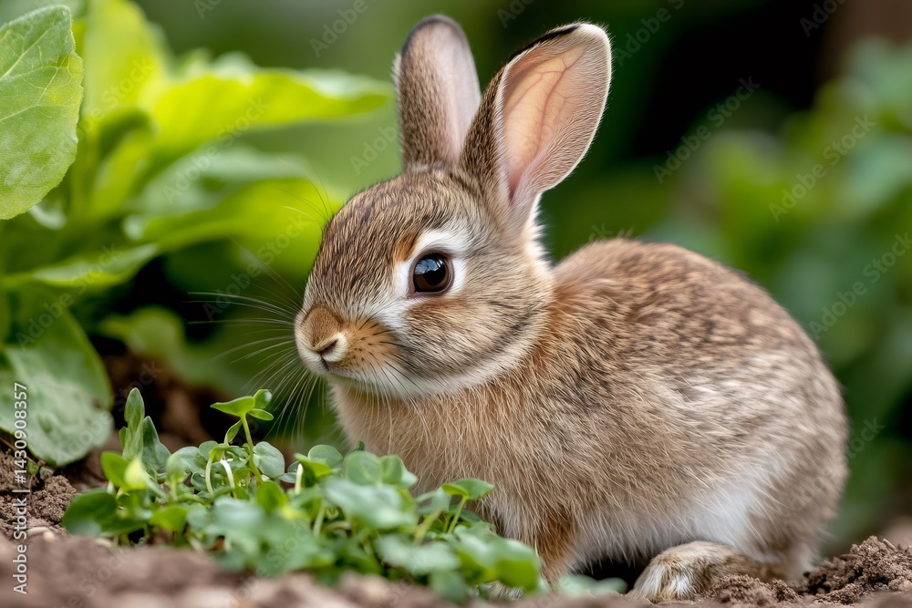 Cute baby rabbit exploring green vegetation in nature