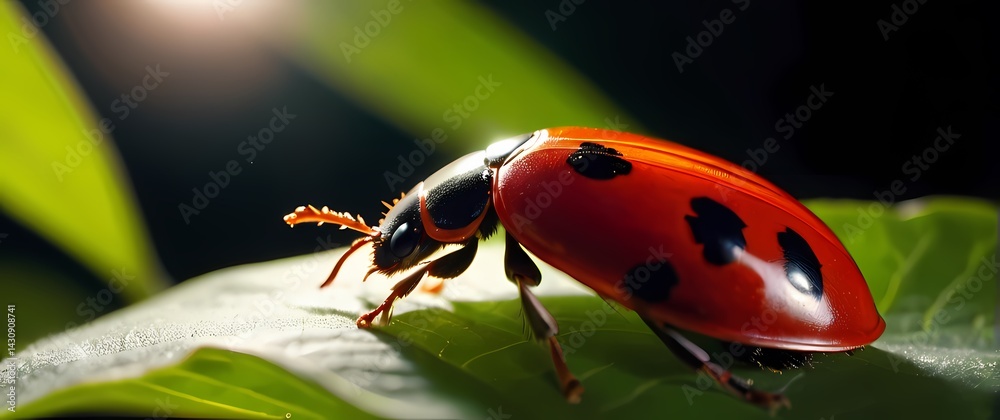 Fototapeta premium Macro detailed shot revealing bright red ladybirds wing casing reflecting vibrant foliage in diffused light