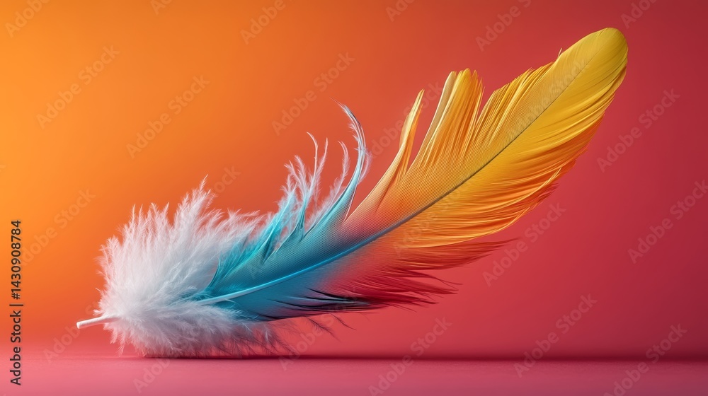 Obraz premium Colorful feather is displayed on a red background. The feather is made up of different colors, including blue, yellow, and white. Concept of vibrancy and beauty