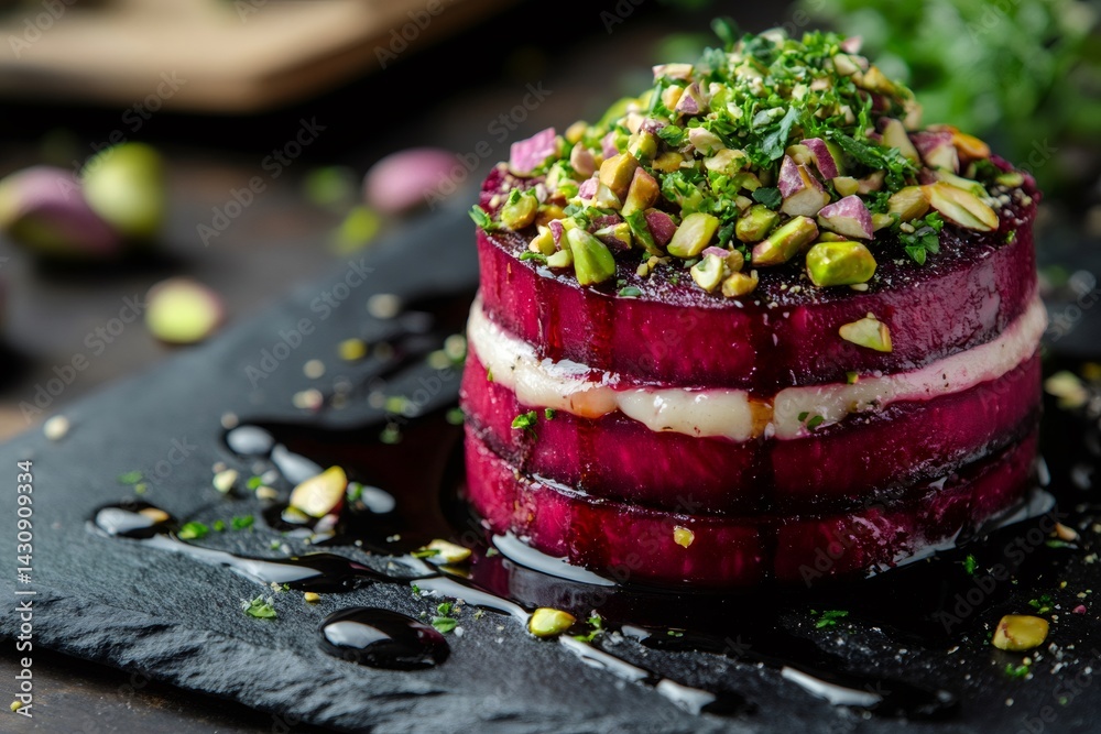Beetroot and goat cheese mille feuille appetizer drizzled with pistachios and parsley on slate plate