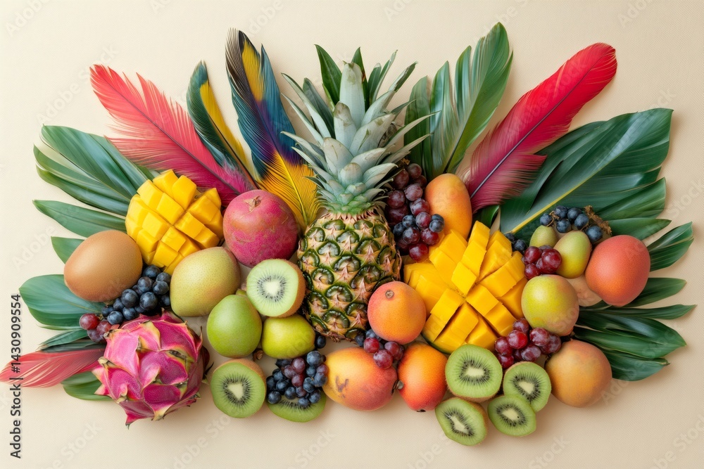 Fresh tropical fruits and feathers creating a colorful flat lay composition