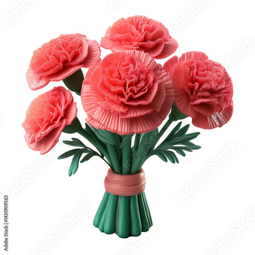 Fresh Coral Carnations in a Decorative Bouquet on a White Background, Isolated On transparent Background