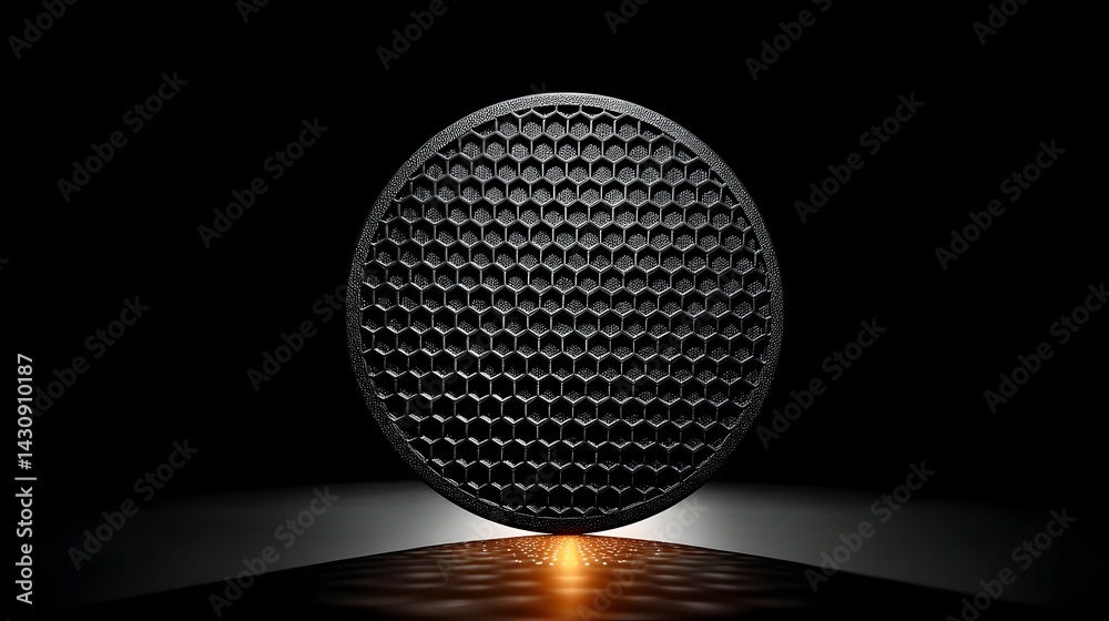 Circular, dark honeycomb-patterned diffuser, isolated on black background. Circular, dark honeycomb-patterned diffuser, isolated on black background.
