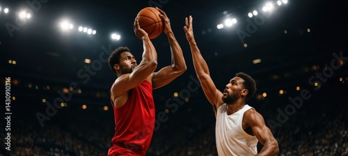Basketball player in red jersey rises for shot as rival attempts block under intense spotlight during packed night game.