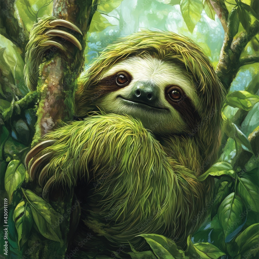 Naklejka premium Peaceful sloth in lush forest