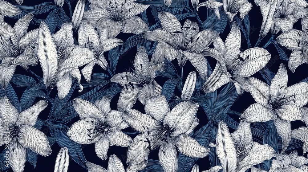 White lilies creating a stunning floral pattern on dark blue background