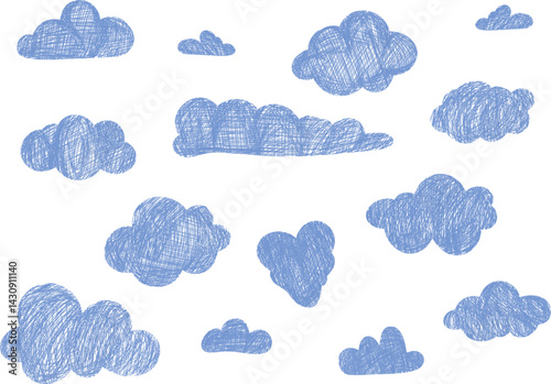 Seamless pattern with textured clouds in hand drawn, doodle style. Suitable for weather themes, kids backgrounds, and textile prints. Blue crayon like clouds on white background.