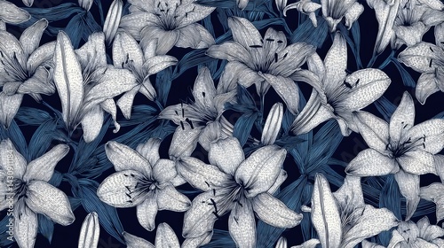 Obraz na płótnie White lilies creating a stunning floral pattern on dark blue background w salonie