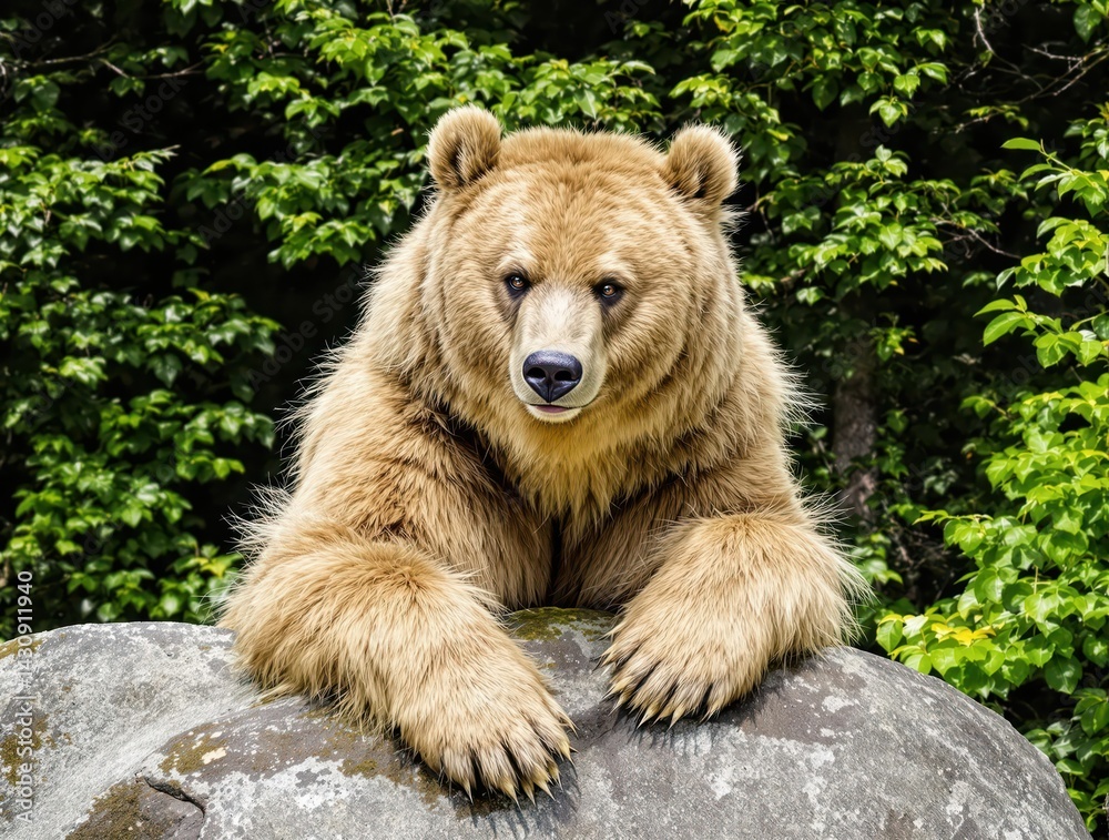 Obraz premium A brown bear is laying on a rock