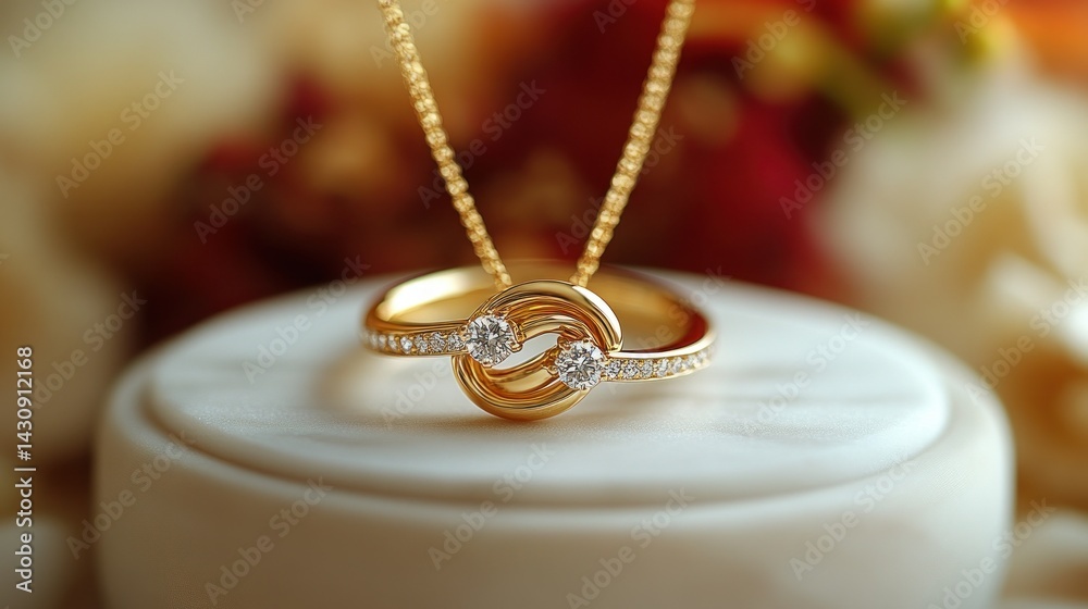 Naklejka premium Elegant gold necklace and ring set with diamonds