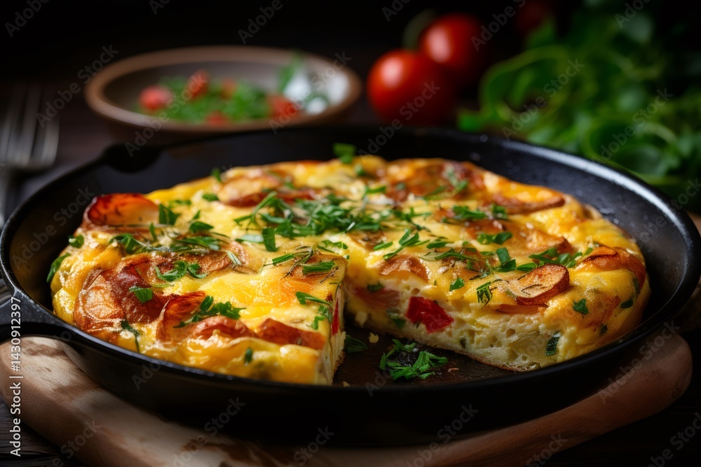 Delicious frittata with potatoes, red peppers, and herbs in a cast iron skillet