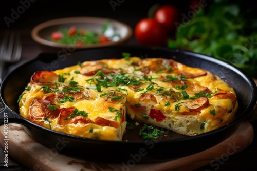 Obraz na płótnie Delicious frittata with potatoes, red peppers, and herbs in a cast iron skillet w salonie