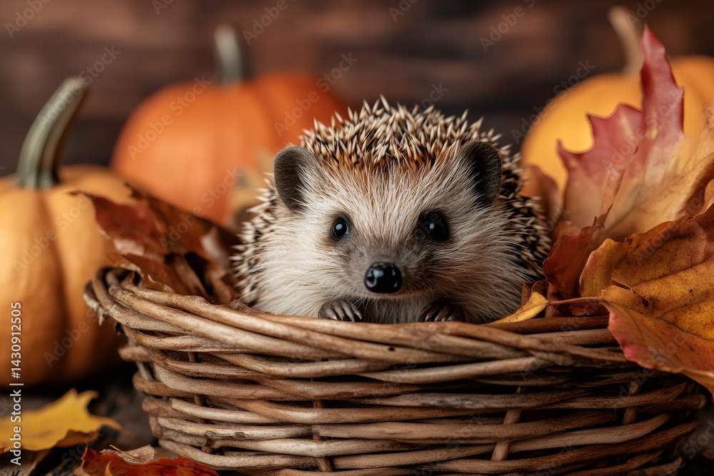 Cute hedgehog relaxing in basket with pumpkins and autumn leaves