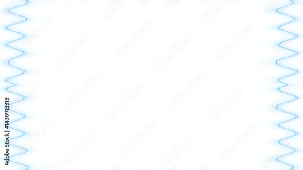 Frame, long wavy rectangular vertical laser interpenetrating water blue lines of lightening and darkening light on white background. Space for your own content.