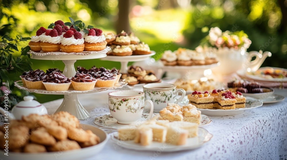 custom made wallpaper toronto digitalElegant outdoor dessert buffet. A selection of assorted pastries, cakes, and cookies displayed on tiered stands and plates. Delicate china teacups and saucers are present