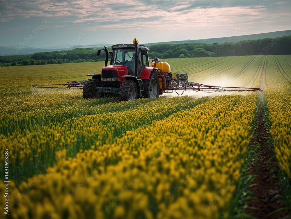 Fototapeta premium Modern Farming Tractor Spraying Pesticides on Grain Field