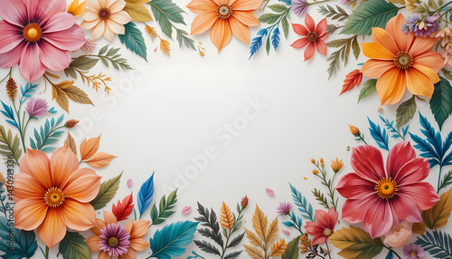 A vibrant and colorful floral frame featuring sunflowers, leaves, and various flowers, perfect for invitations, greeting cards, and spring-themed designs.