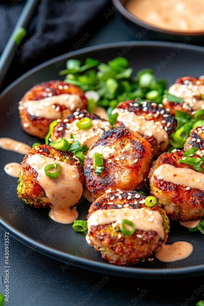 Delicious crispy chicken and broccoli bites topped with sesame seeds and spicy mayo drizzled on top