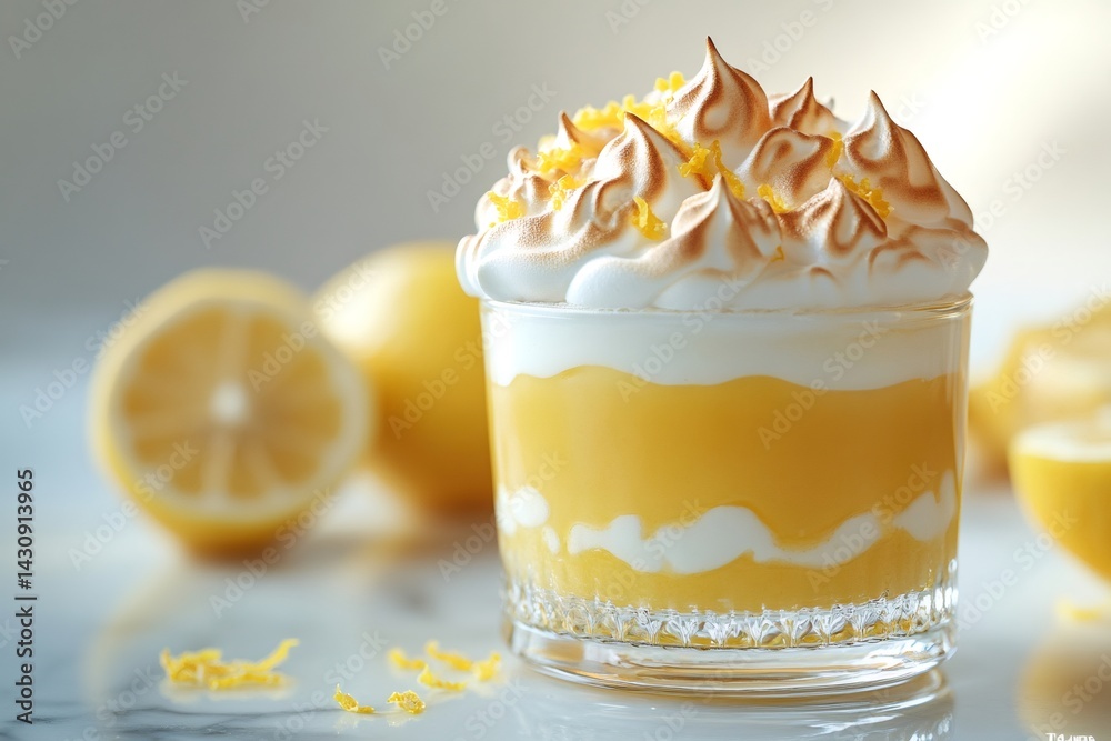 Delicious lemon posset dessert garnished with meringue and zest