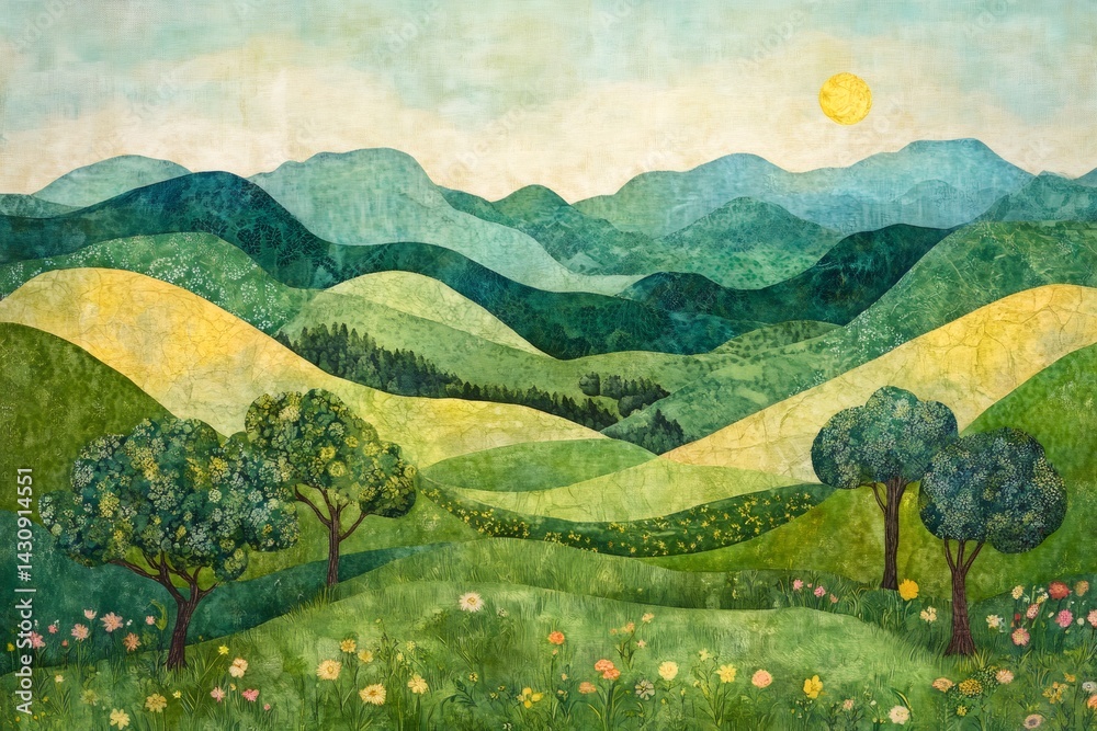 Sun shining over rolling green hills and lush trees in a peaceful landscape
