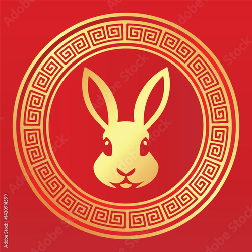 Golden Rabbit zodiac symbol in ornate circle on red background. Happy Chinese New Year vector illustration. Festive and traditional design.