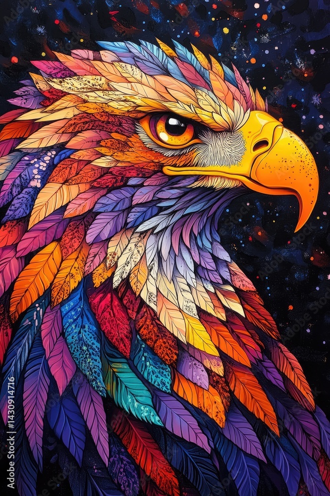 Majestic eagle showing colorful feathers in the starry night