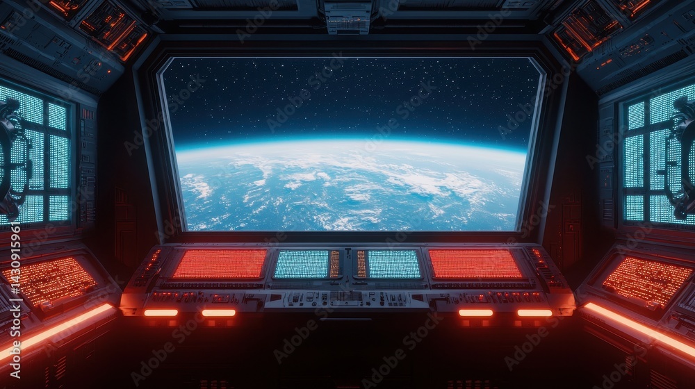 Obraz premium Futuristic Spacecraft Interior with Control Panels and Stunning View of Earth from Window