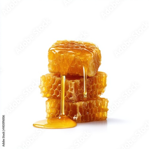 Honeycomb stack with dripping honey isolated on white background