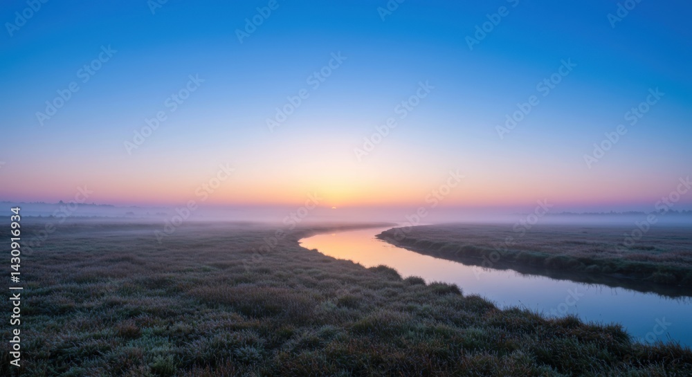 Fototapeta premium Sunrise Over River and Meadow