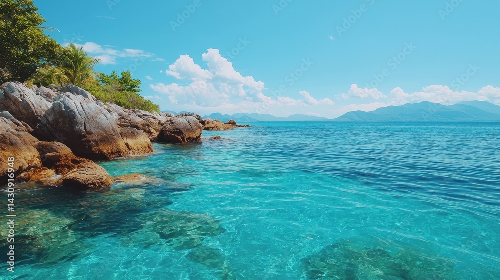 Fototapeta premium Crystal Clear Waters and Rocky Coastline Under a Bright Blue Sky in a Serene Tropical Landscape