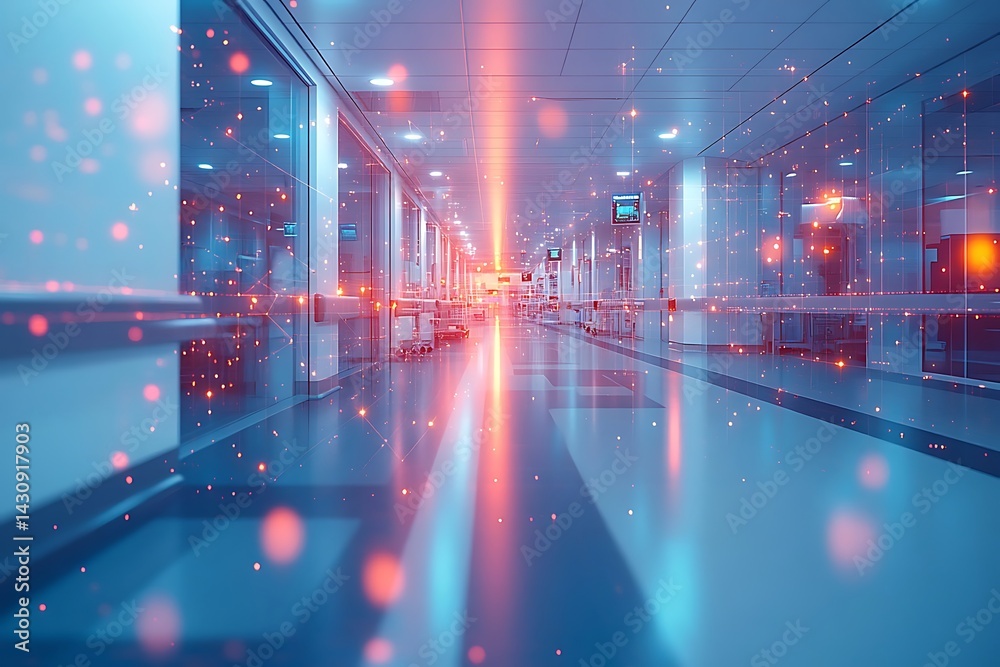 Obraz premium Empty hospital corridor, futuristic perspective, digitally enhanced.