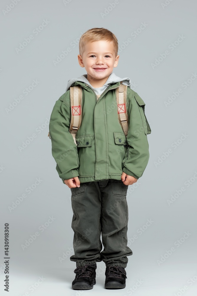 Joyful Boy in Studio with Backpack and Casual Outfit Joyful Boy in Studio with Backpack and Casual Outfit
