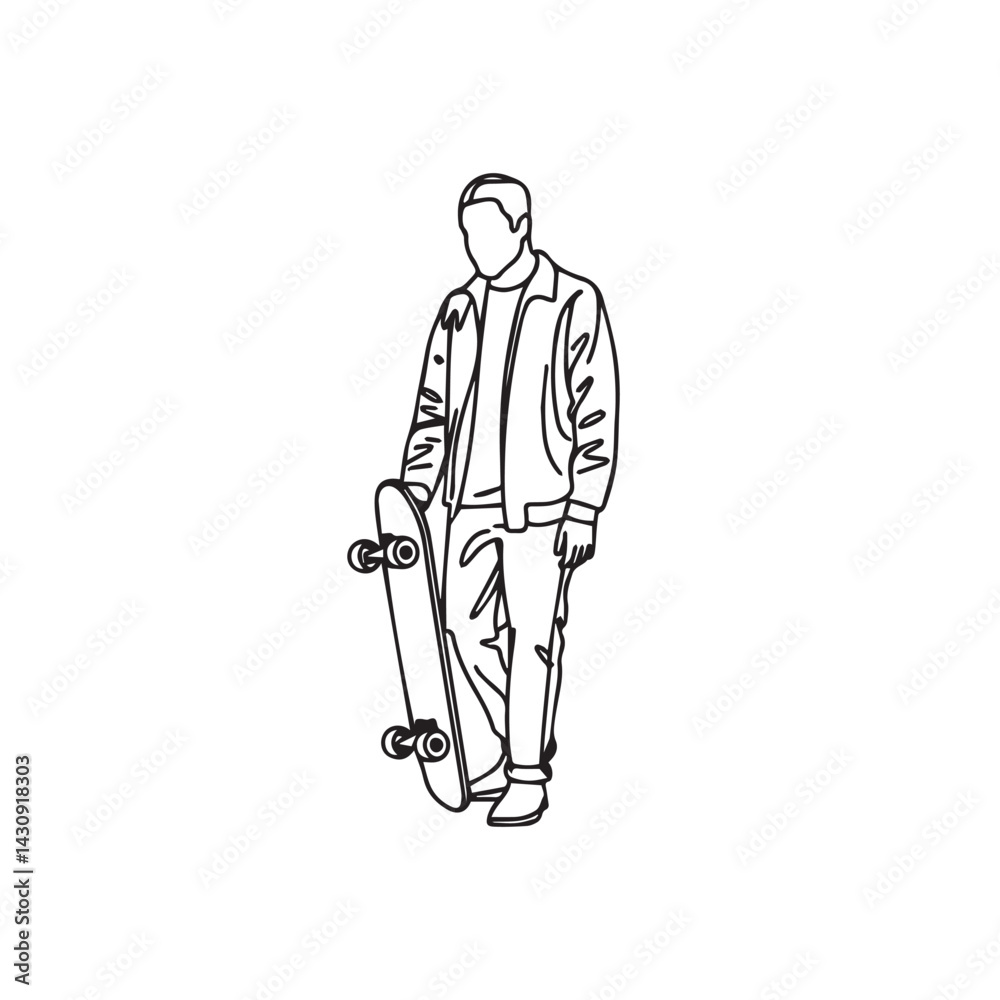 Fototapeta premium Standing Calm Skater Man Silhouette - Modern Sketch Art - man skateboard silhouette - man skateboard vector - man skateboard doodle - skateboard illustration - man skateboard line art