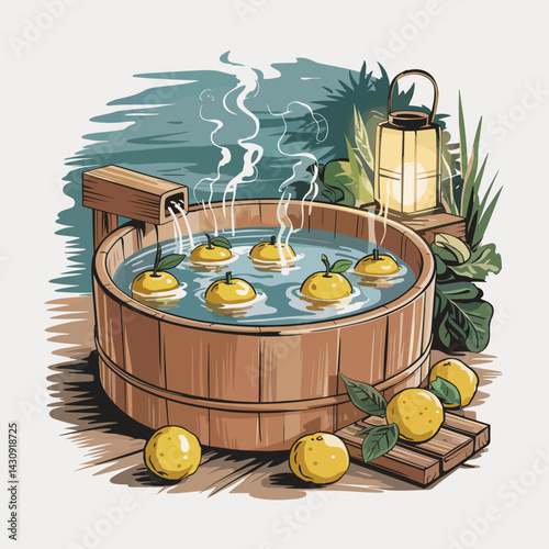Japanese Yuzu Bath in Wooden Onsen Tub