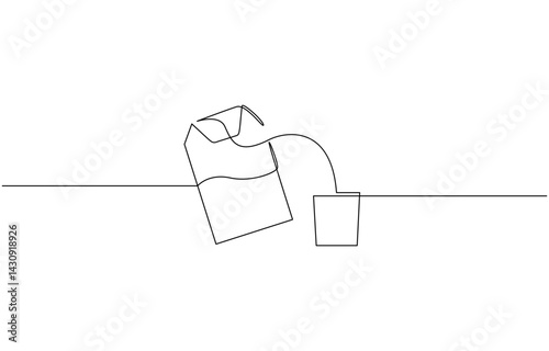 Continuous single line art drawing of paper tea bag icon, Hot herbal drink for morning routine and breakfast in simple linear style. Editable stroke. Doodle vector illustration.