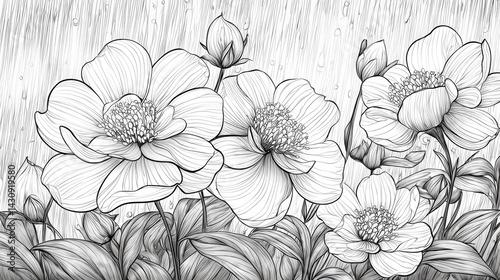 Wallpaper Mural Detailed grayscale illustration of peonies in a garden setting. Torontodigital.ca