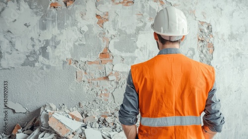 Construction Worker in Orange Vest with Hard Hat Observing Demolition Site with Exposed Brick Wall