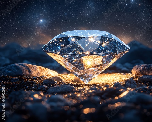 A brilliant diamond rests on a bed of dark stones under a starlit night sky.  The diamond glows with inner light, reflecting the cosmic beauty around it