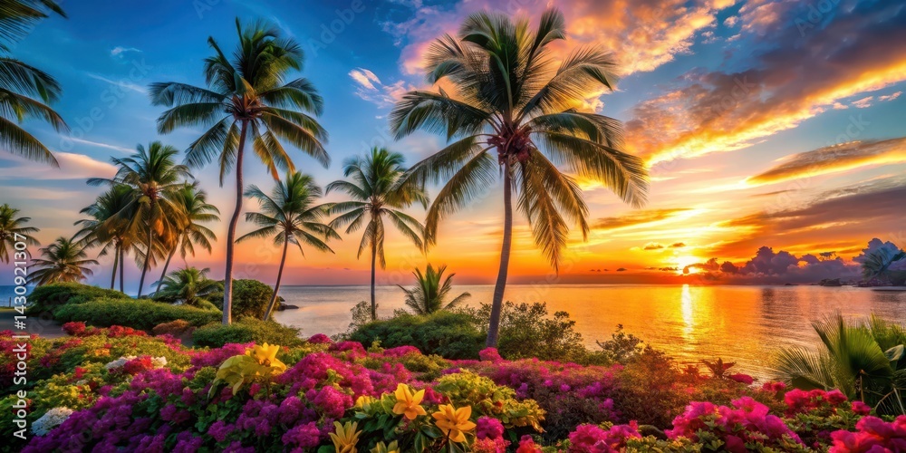 Vibrant sunset over a tropical island with swaying palm trees and colorful flowers, tropical, palm tree, tropical, palm tree, clouds Vibrant sunset over a tropical island with swaying palm trees and colorful flowers, tropical, palm tree, tropical, palm tree, clouds