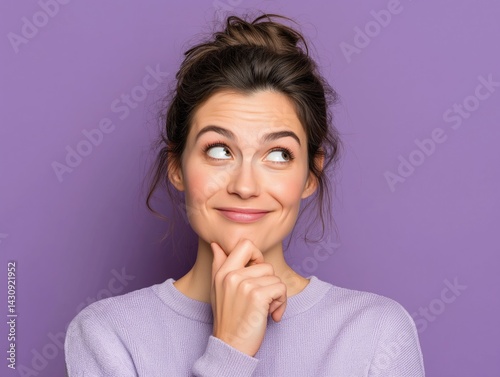 Young woman with hand holding her chin and looks like thinking and in doubt and smiling