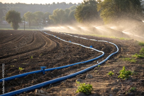 Close-up view installing automatic pop-up lawn sprinkler. Green grass lawn irrigation system with blue, black piping. Watering, humidification, automation system in garden, agricultural field. Water