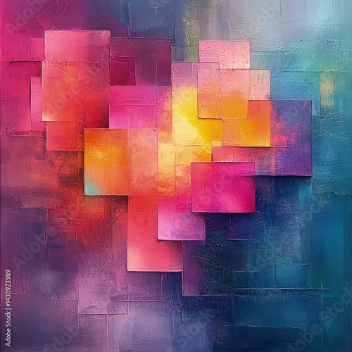 Abstract colorful pixelated heart shape on blurred background.