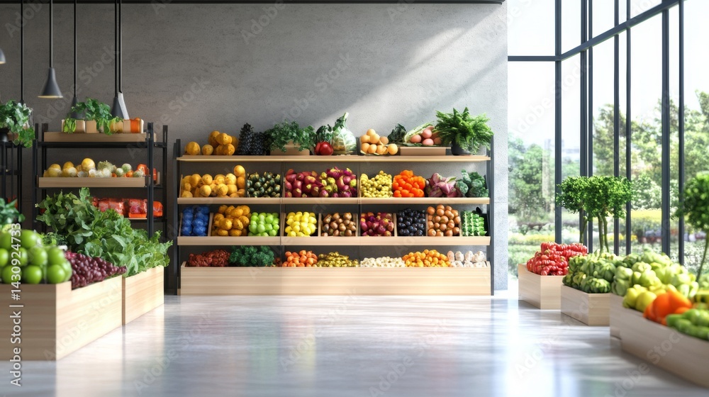 Modern grocery store with colorful produce display