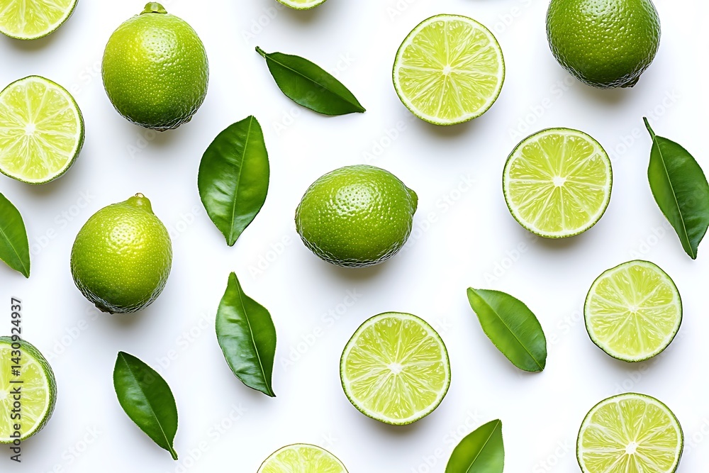 Lime Fruits Pattern on White Backdrop with Sliced Halves and Green Leaves