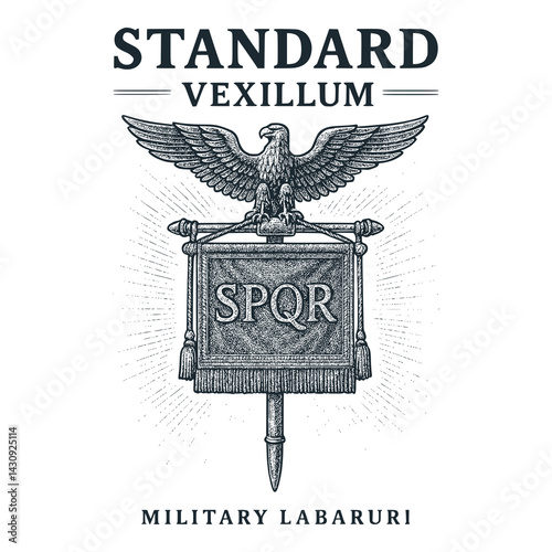 Black White Vector Illustration of Standar Vexillum of Roman Emperor. SPQR: A Vintage Engraved Infographic