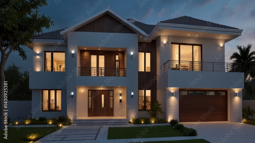 Fototapeta premium Modern House at Dusk, Exterior View, Residential Architecture, Night Time