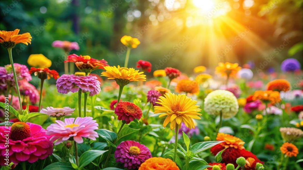 Vibrant flowers blooming in a lush garden amidst greenery and sunshine, sunny day, floral arrangement Vibrant flowers blooming in a lush garden amidst greenery and sunshine, sunny day, floral arrangement