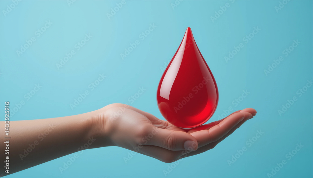 Fototapeta premium Hand holding a large drop 3D of blood, blood donation concept.
