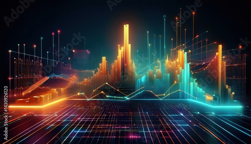 Stylized corporate analytics with colorful data points and graphs showing trends and performance.