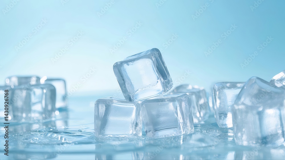 透明な氷のキューブのクローズアップ 青色の背景に積み重ねられた立方体の冷たい塊 透明な氷のキューブのクローズアップ 青色の背景に積み重ねられた立方体の冷たい塊